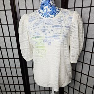Treasure Bond Blouse Womens Large White Lace Top Round Neck Puff‎ Sleeves Boho